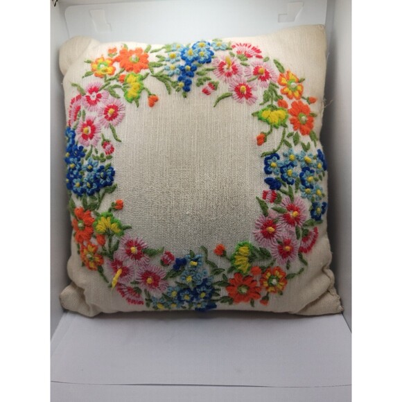 Handmade Other - Vintage Hand Embroidered Pillow Floral 12.5" x 12.5"